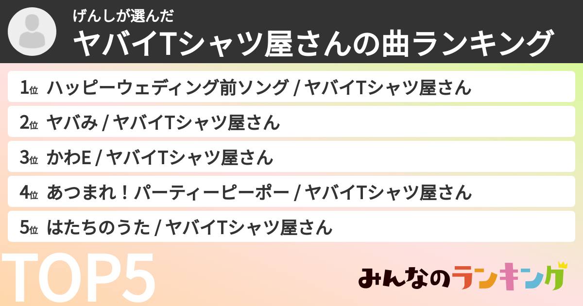 げんしさんの「ヤバイTシャツ屋さんの曲ランキング」