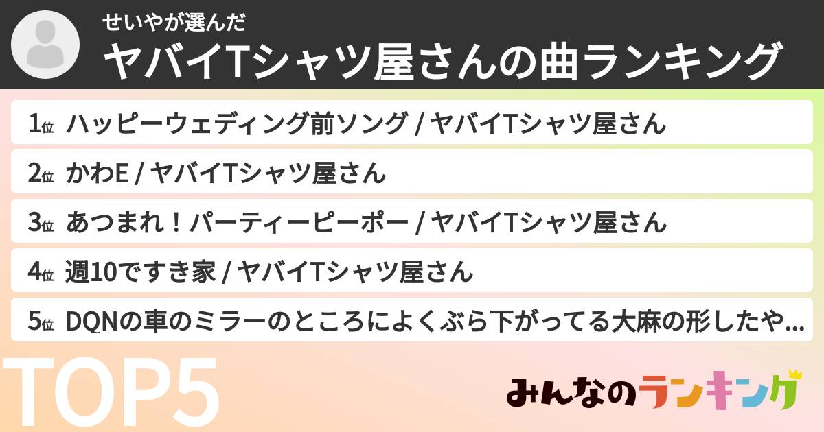 せいやさんの「ヤバイTシャツ屋さんの曲ランキング」