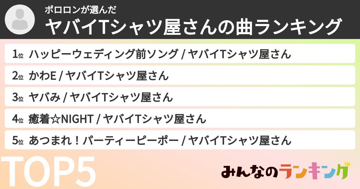 ポロロンさんの「ヤバイTシャツ屋さんの曲ランキング」