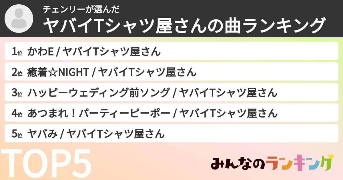 チェンリーさんの「ヤバイTシャツ屋さんの曲ランキング」