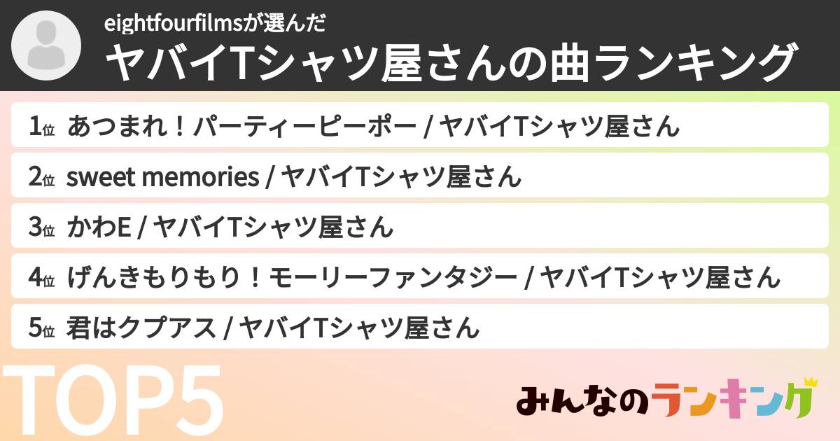 eightfourfilmsさんの「ヤバイTシャツ屋さんの曲ランキング」