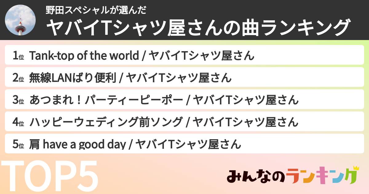 野田スペシャルさんの「ヤバイTシャツ屋さんの曲ランキング」