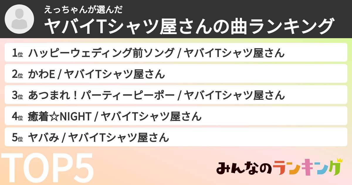 えっちゃんさんの「ヤバイTシャツ屋さんの曲ランキング」