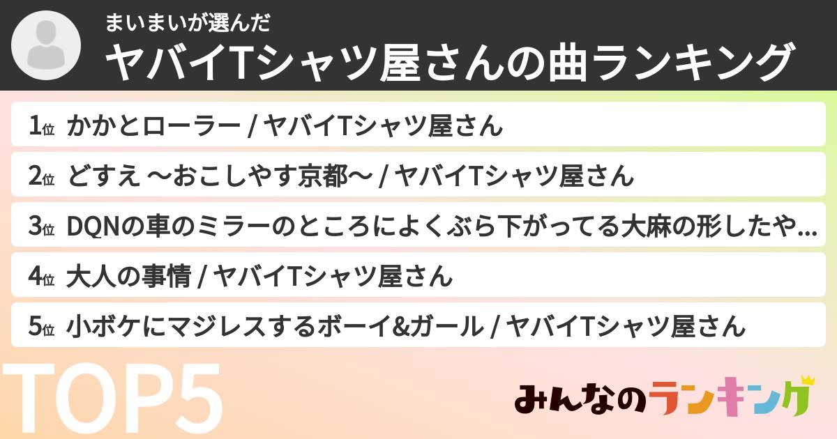 まいまいさんの「ヤバイTシャツ屋さんの曲ランキング」