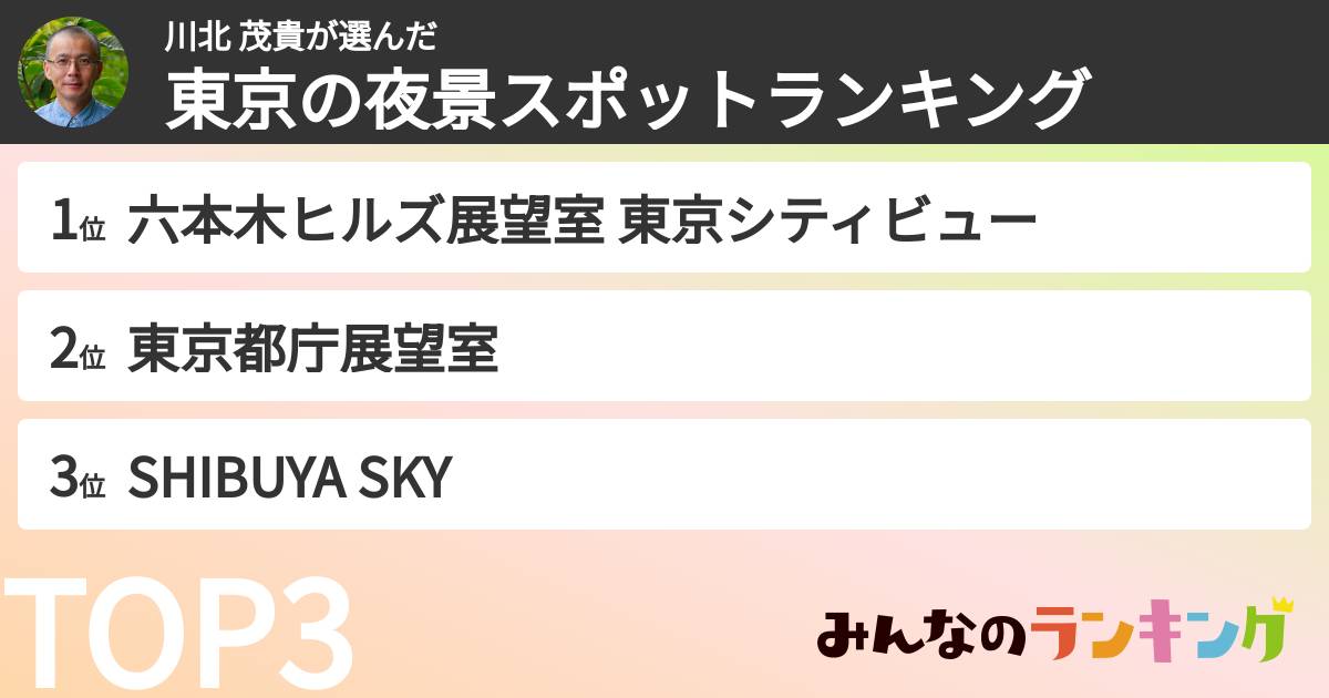 川北 茂貴さんの「東京の夜景スポットランキング」