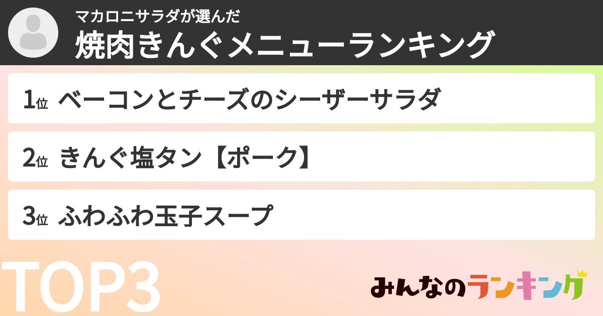マカロニサラダさんの「焼肉きんぐメニューランキング」