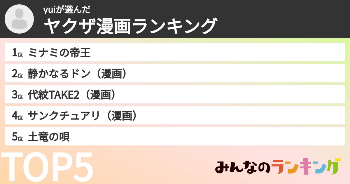 yuiさんの「ヤクザ漫画ランキング」