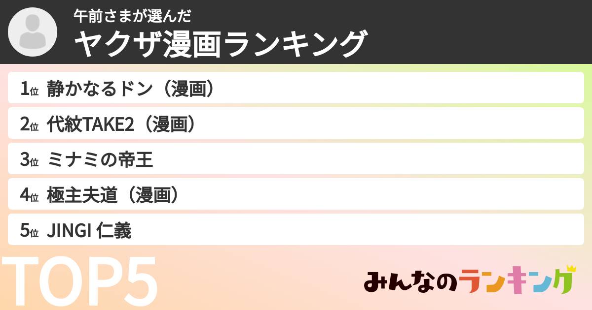 午前さまさんの「ヤクザ漫画ランキング」