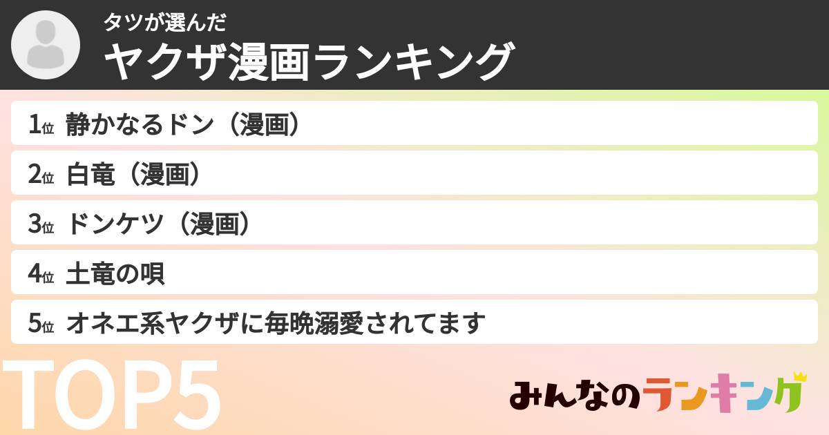 タツさんの「ヤクザ漫画ランキング」