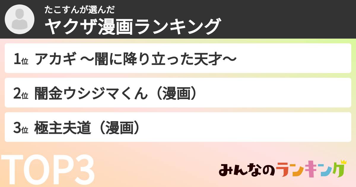 たこすんさんの「ヤクザ漫画ランキング」