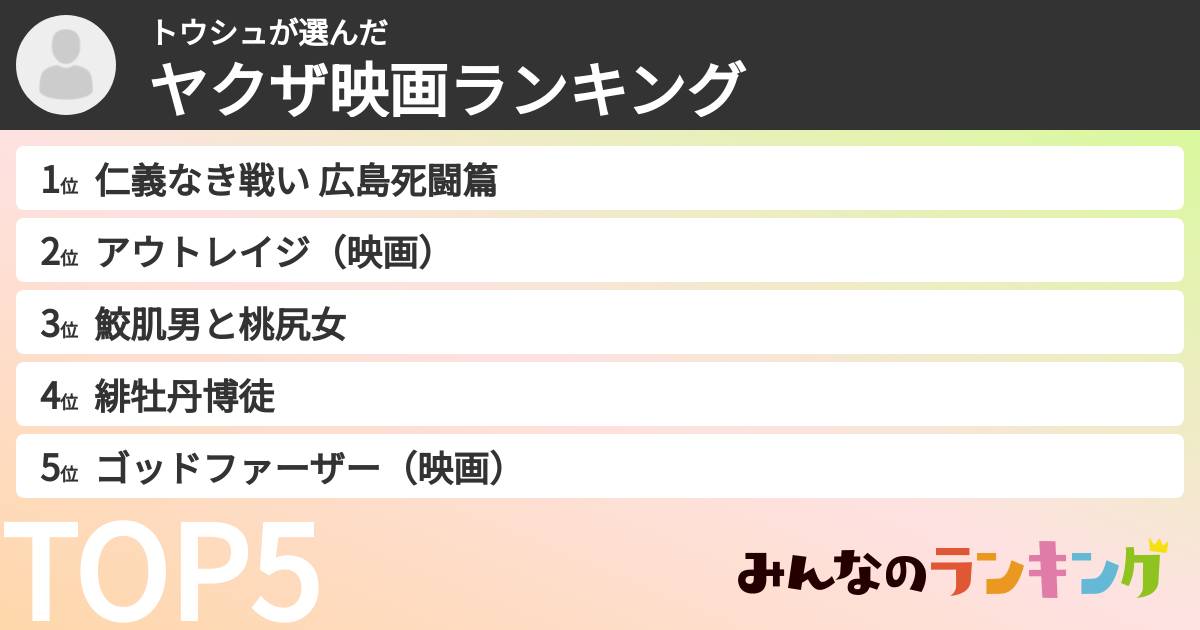 トウシュさんの「ヤクザ映画ランキング」