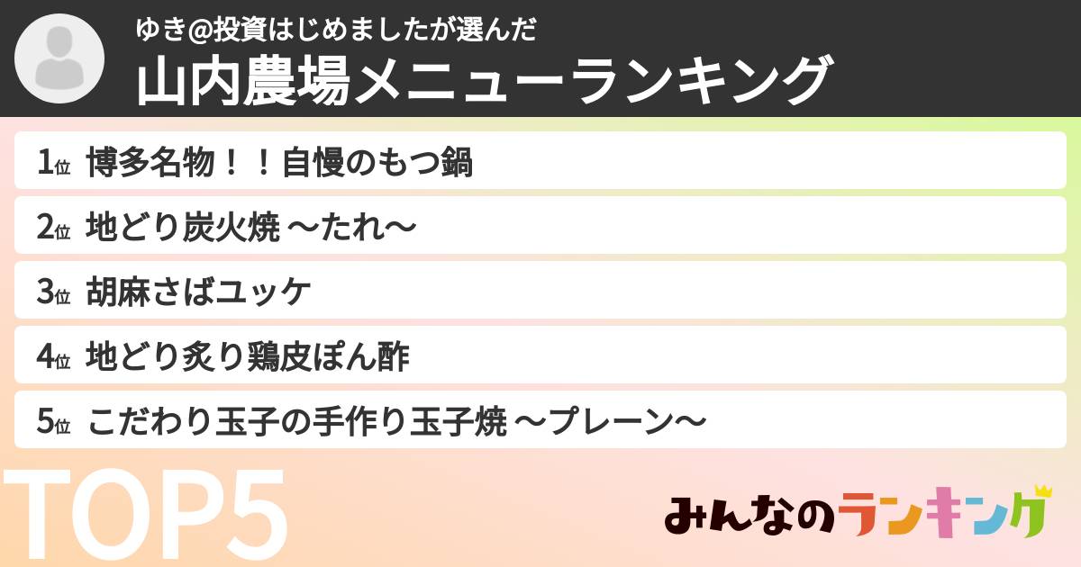 ゆき@投資はじめましたさんの「山内農場メニューランキング」