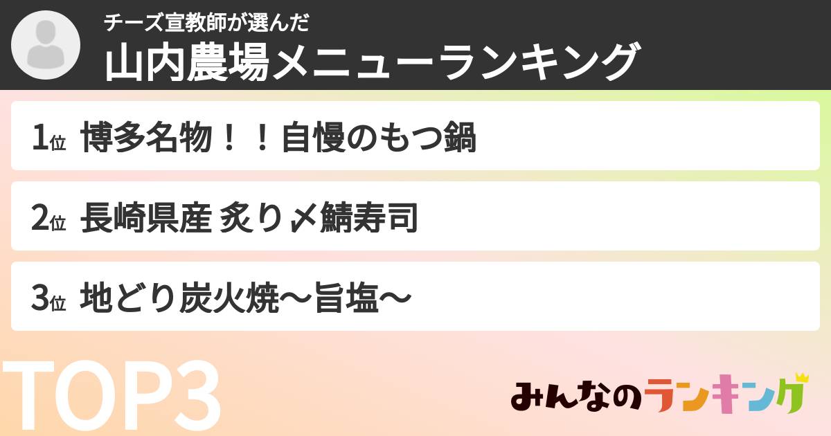 チーズ宣教師さんの「山内農場メニューランキング」