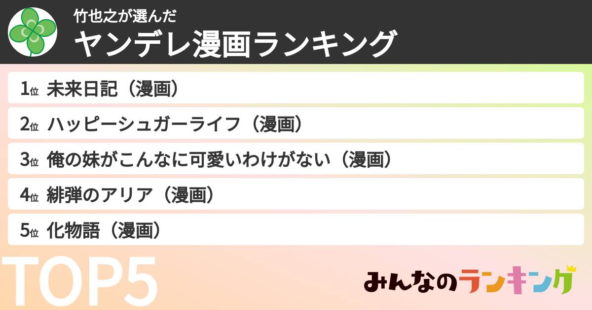 竹也之さんの「ヤンデレ漫画ランキング」
