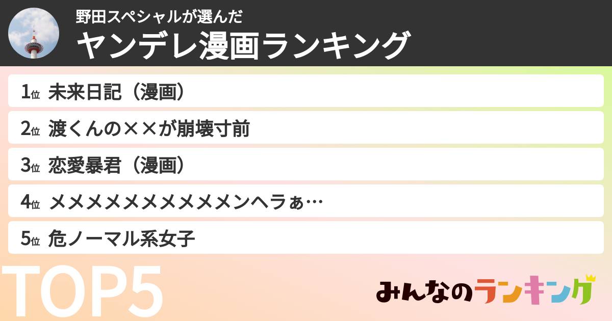 野田スペシャルさんの「ヤンデレ漫画ランキング」