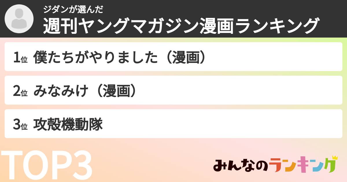 ジダンさんの「週刊ヤングマガジン漫画ランキング」