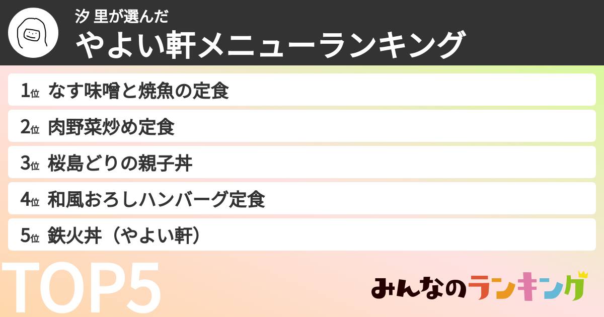 汐 里さんの「やよい軒メニューランキング」