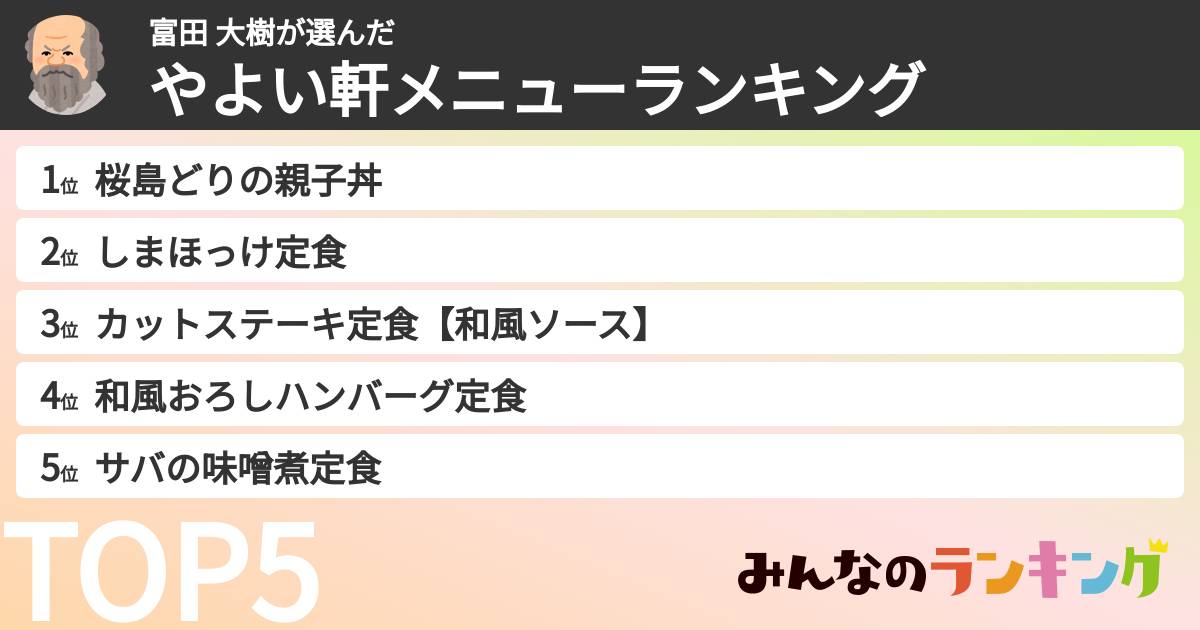 富田 大樹さんの「やよい軒メニューランキング」