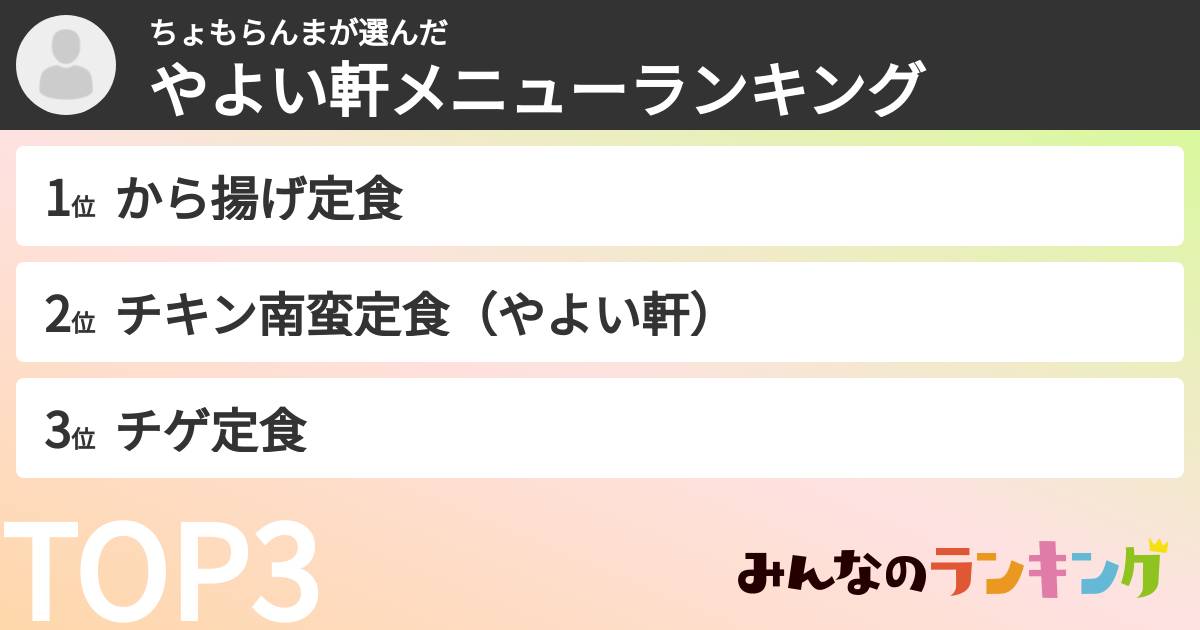 ちょもらんまさんの「やよい軒メニューランキング」