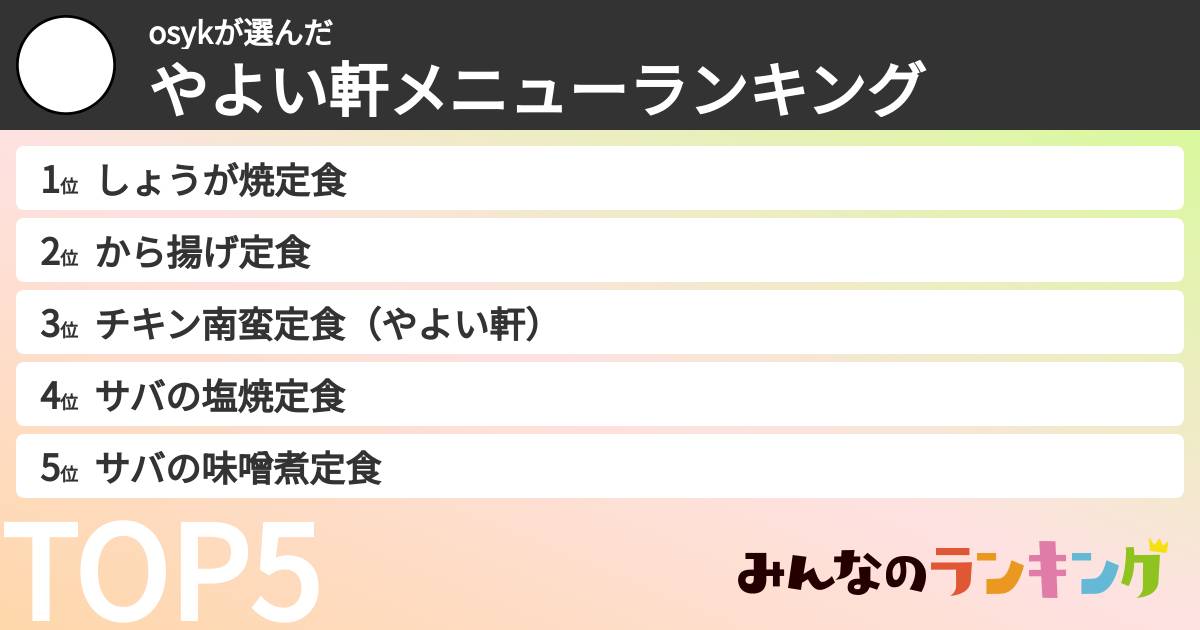 osykさんの「やよい軒メニューランキング」