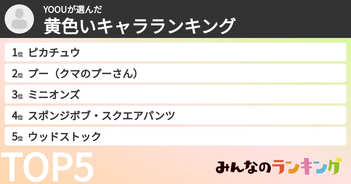 YOOUさんの「黄色いキャラランキング」