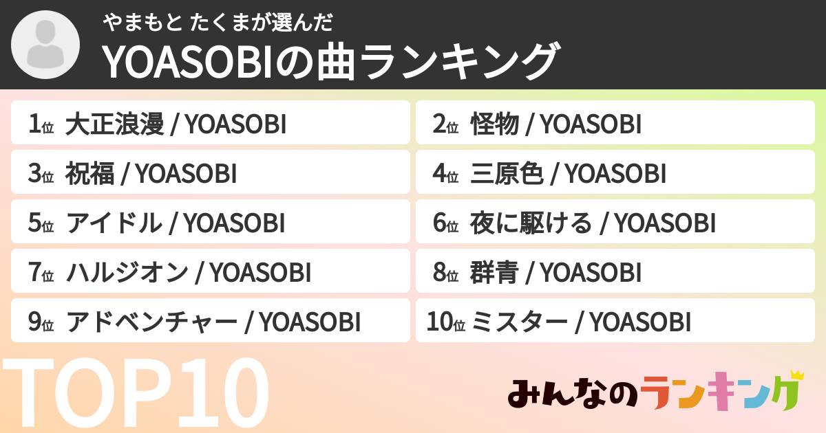 やまもと たくまさんの「YOASOBIの曲ランキング」