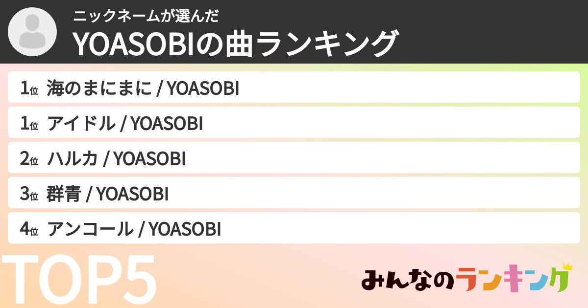ニックネームさんの「YOASOBIの曲ランキング」