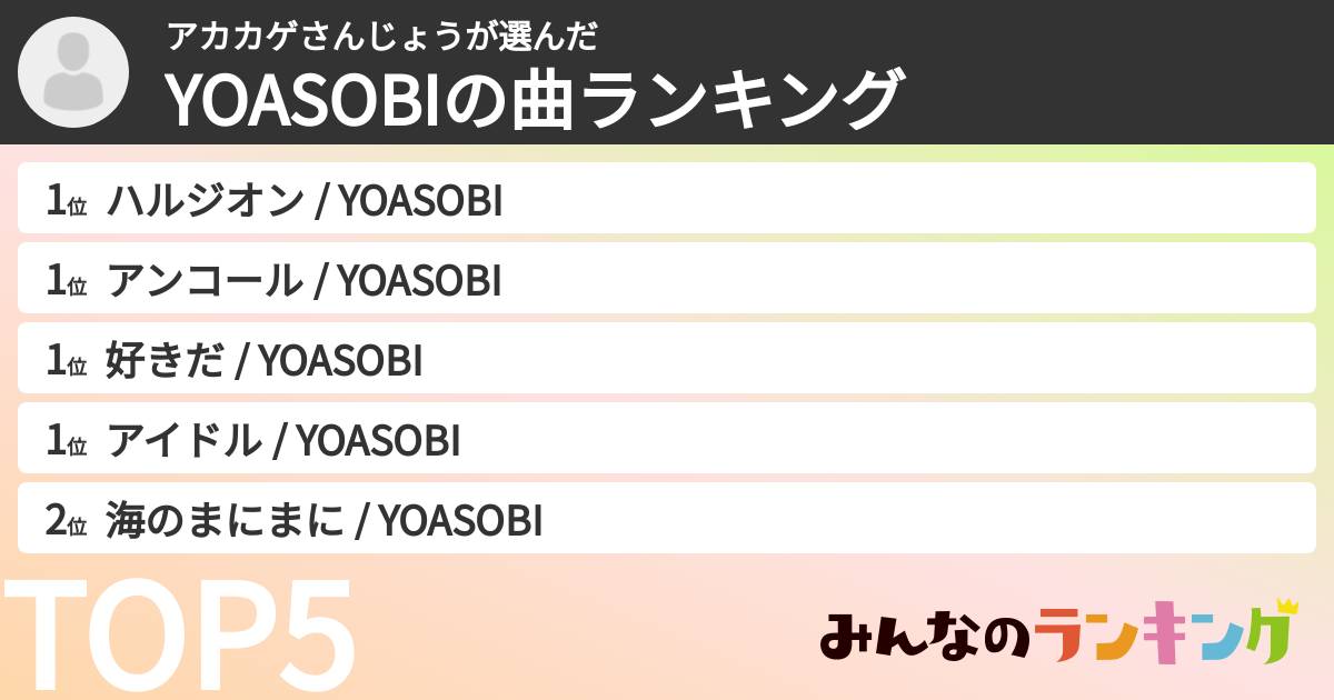アカカゲさんじょうさんの「YOASOBIの曲ランキング」
