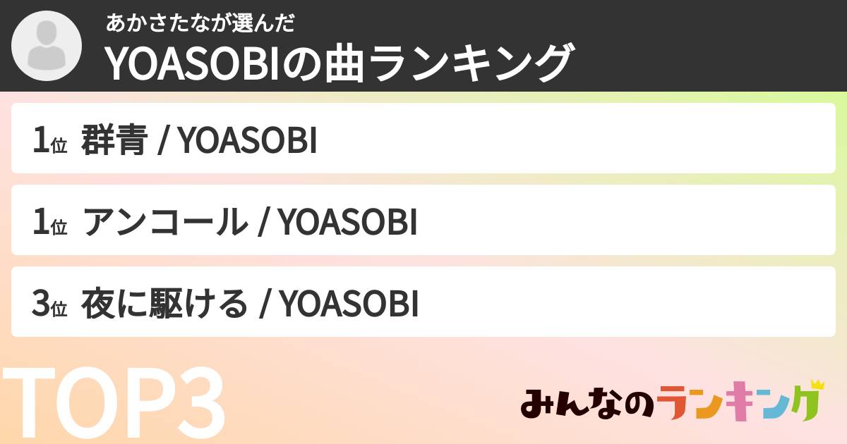 あかさたなさんの「YOASOBIの曲ランキング」