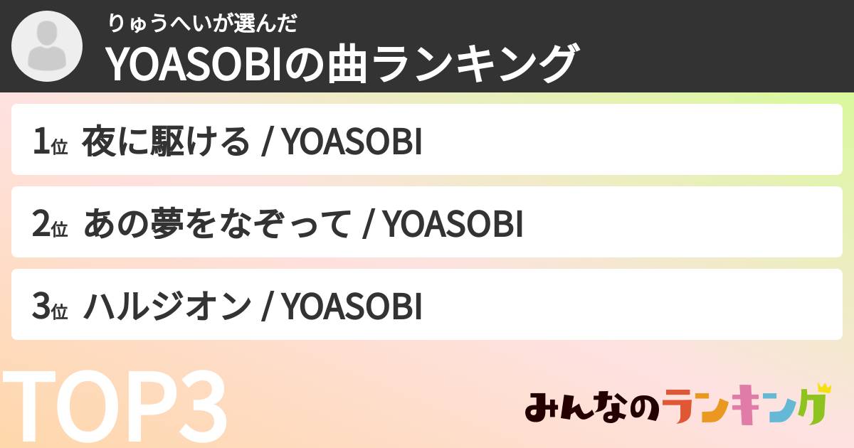 りゅうへいさんの「YOASOBIの曲ランキング」
