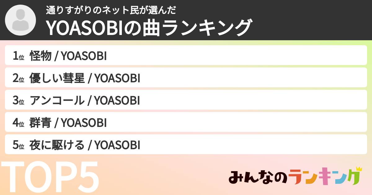 通りすがりのネット民さんの「YOASOBIの曲ランキング」