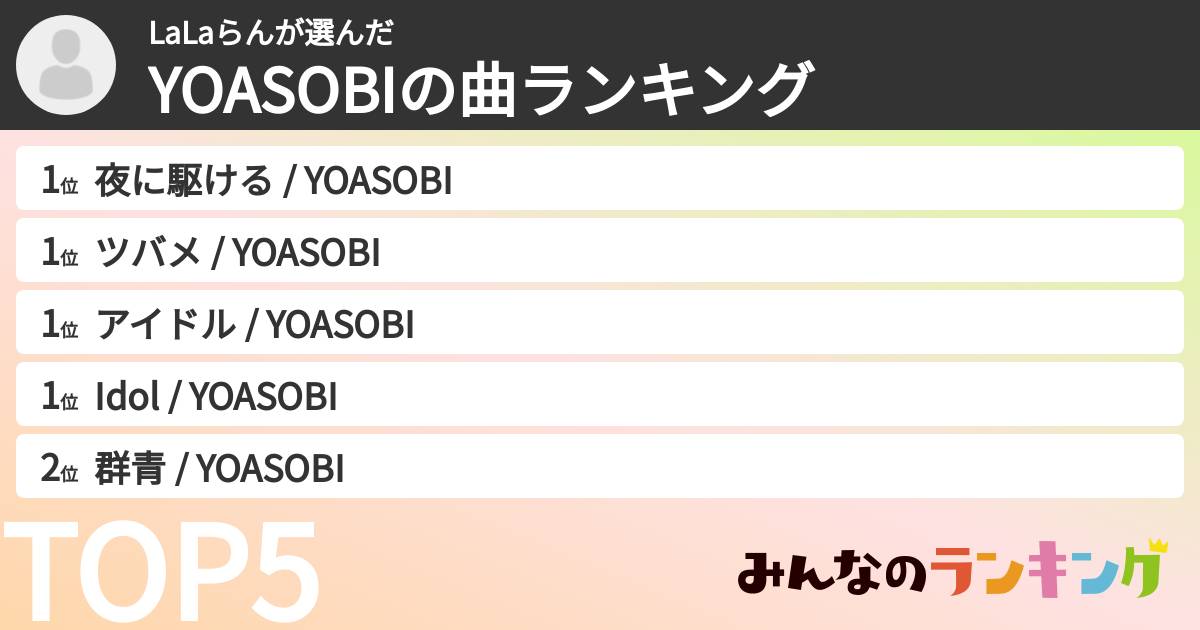 LaLaらんさんの「YOASOBIの曲ランキング」