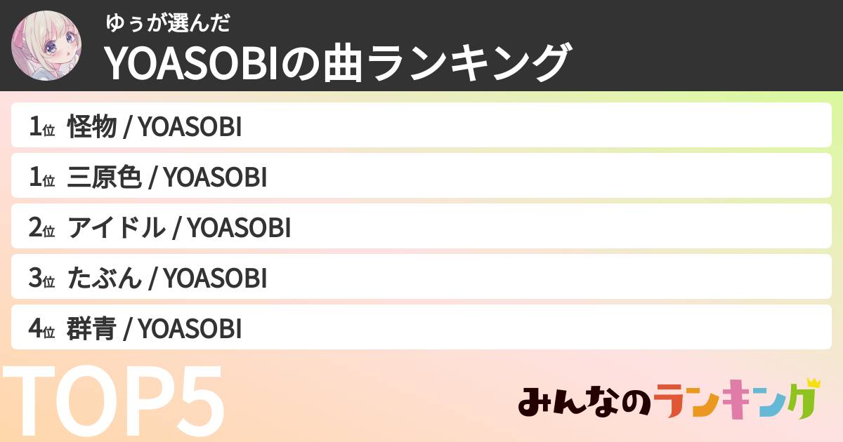 ゆぅさんの「YOASOBIの曲ランキング」