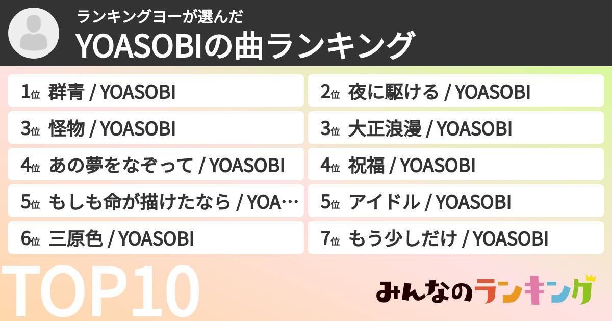 ランキングヨーさんの「YOASOBIの曲ランキング」
