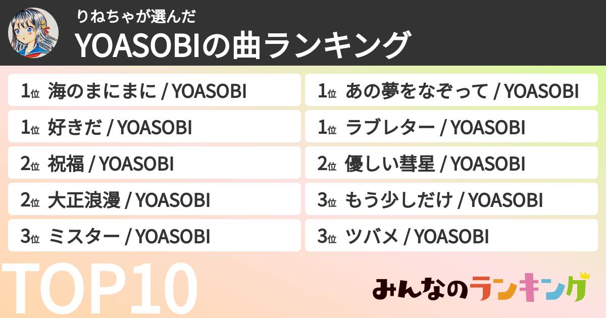 りねちゃさんの「YOASOBIの曲ランキング」