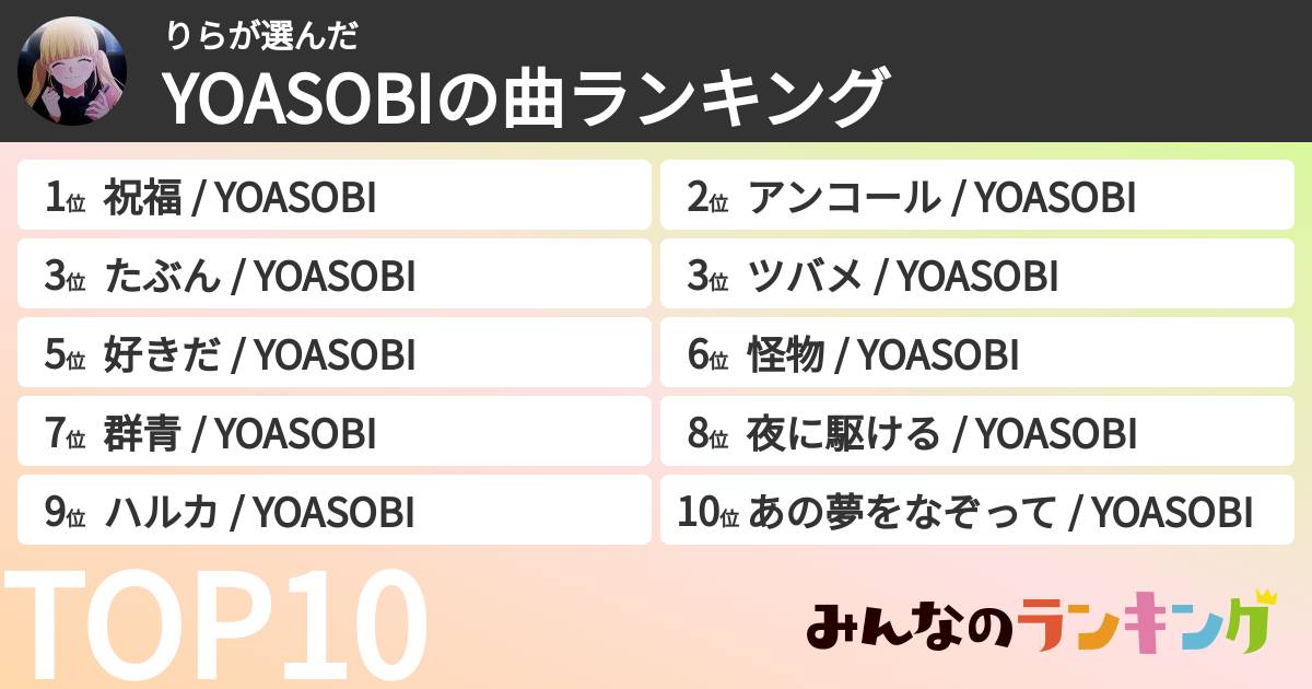 りらさんの「YOASOBIの曲ランキング」