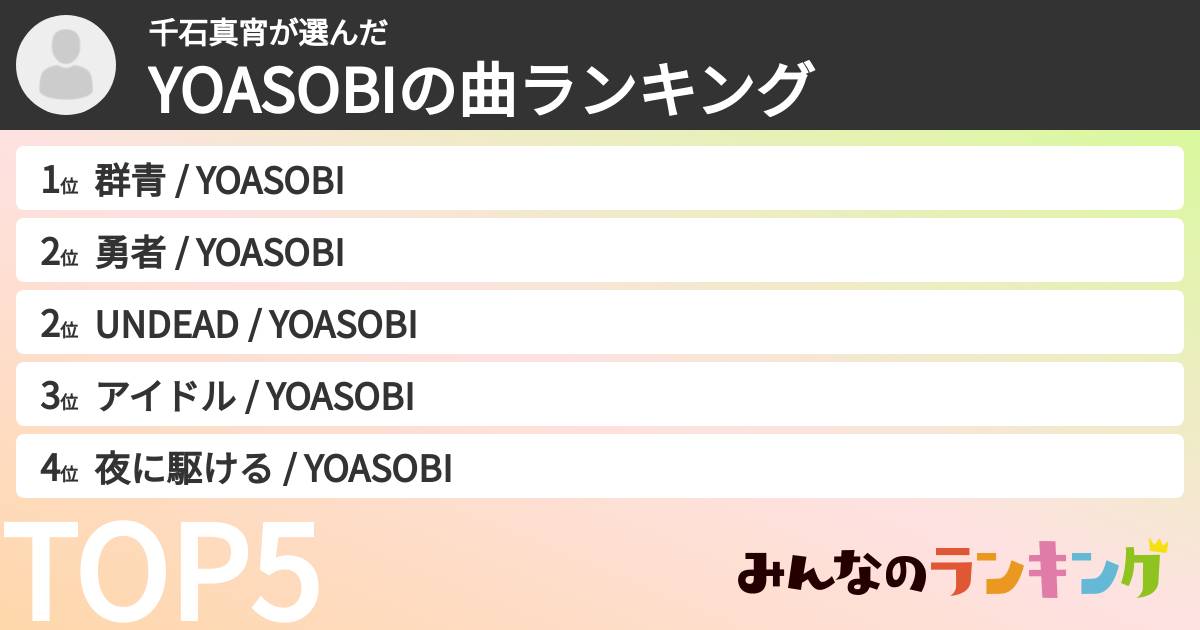 千石真宵さんの「YOASOBIの曲ランキング」