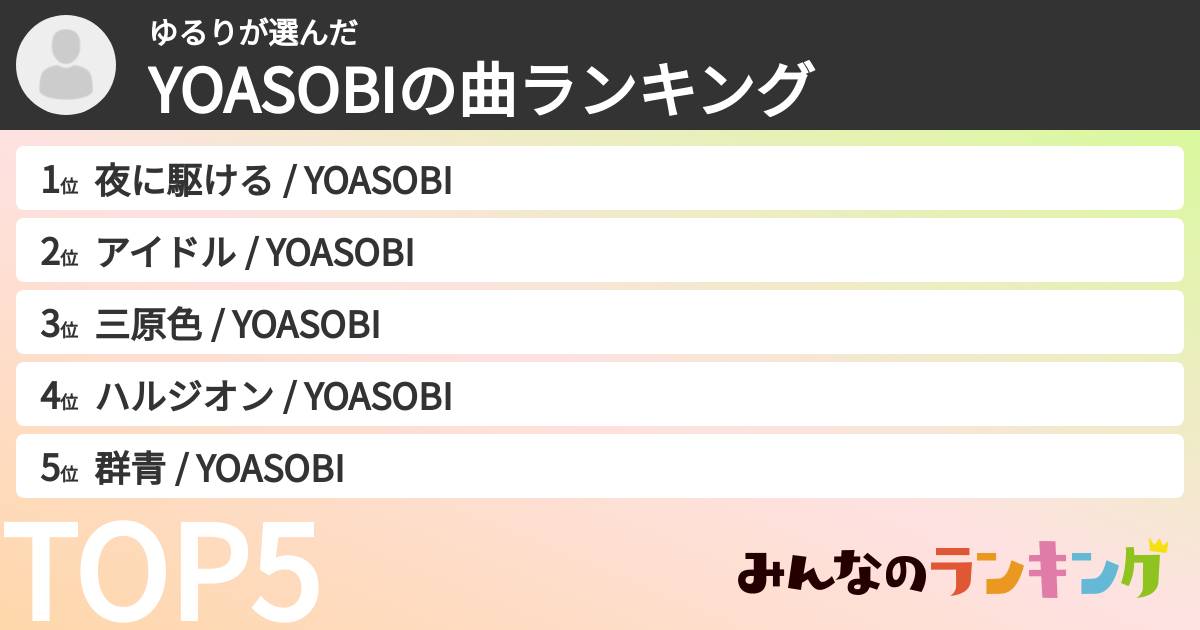 ゆるりさんの「YOASOBIの曲ランキング」
