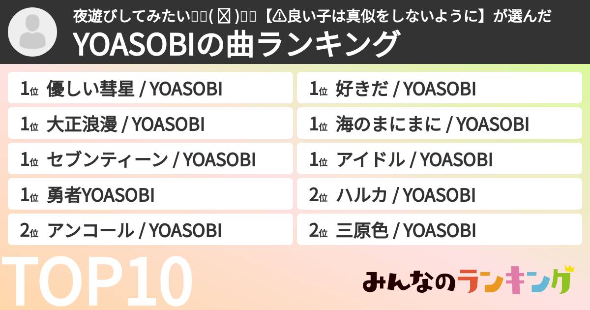 夜遊びしてみたい🔥٩( ᐛ )و🔥【⚠️良い子は真似をしないように】さんの「YOASOBIの曲ランキング」