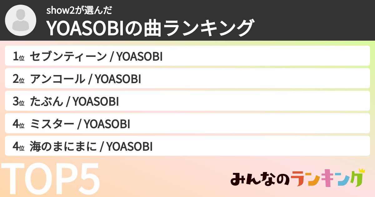 show2さんの「YOASOBIの曲ランキング」