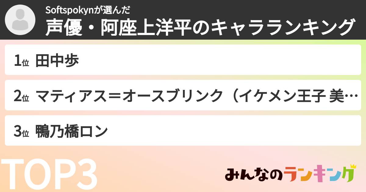Softspokynさんの「声優・阿座上洋平のキャラランキング」