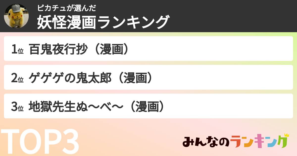 ピカチュさんの「妖怪漫画ランキング」