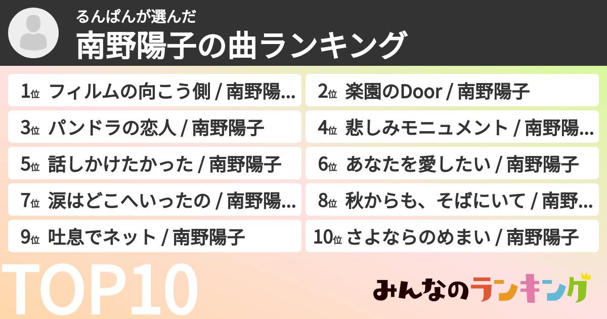 るんぱんさんの「南野陽子の曲ランキング」