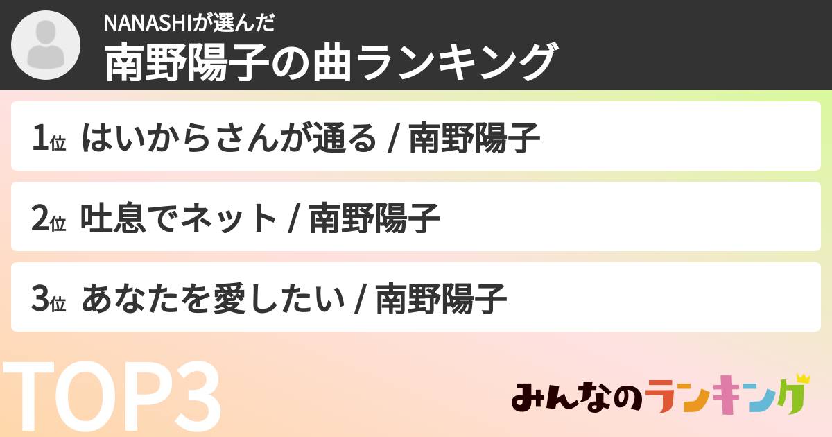 NANASHIさんの「南野陽子の曲ランキング」