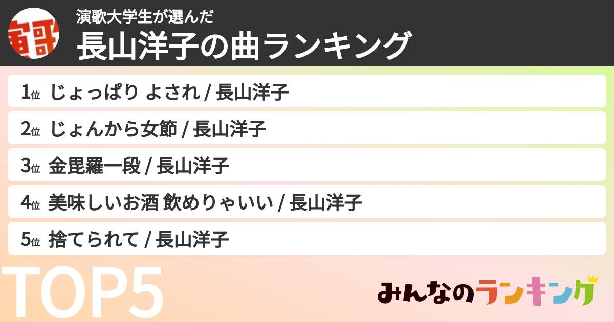 演歌大学生さんの「長山洋子の曲ランキング」