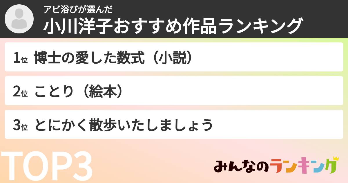 アビ浴びさんの「小川洋子おすすめ作品ランキング」