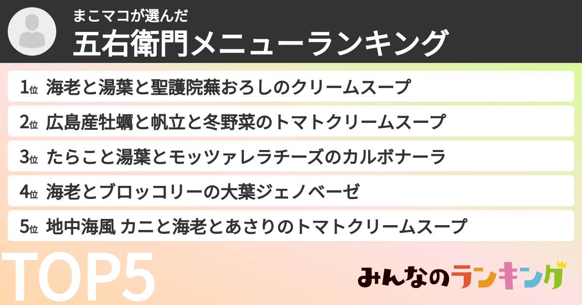 まこマコさんの「五右衛門メニューランキング」