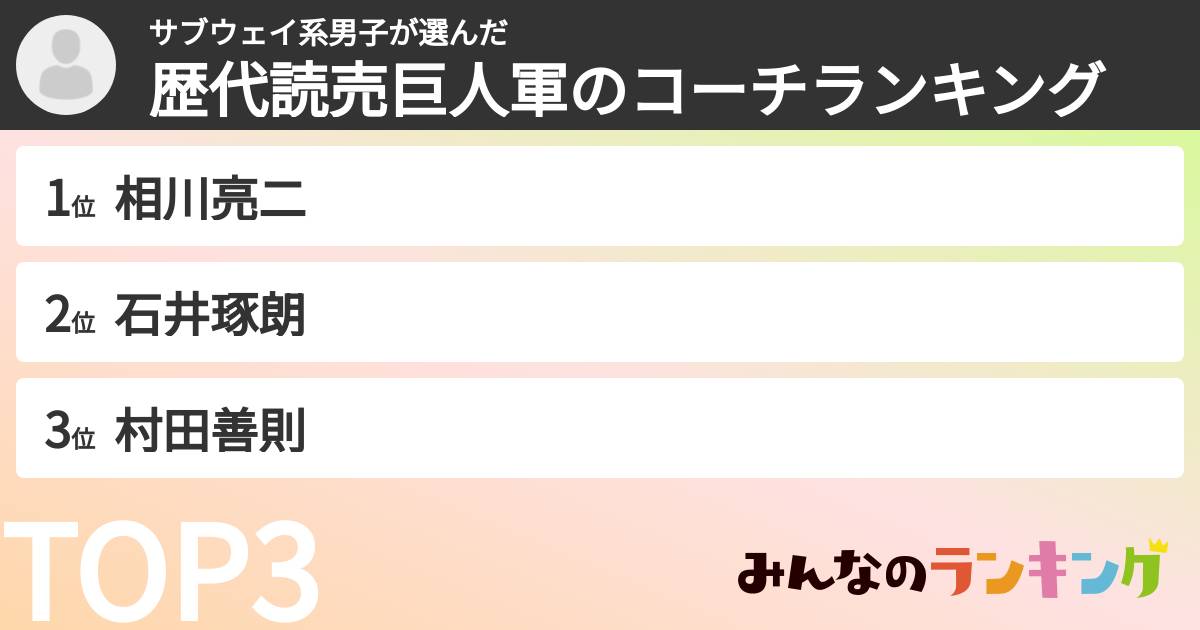 サブウェイ系男子さんの「歴代読売巨人軍のコーチランキング」