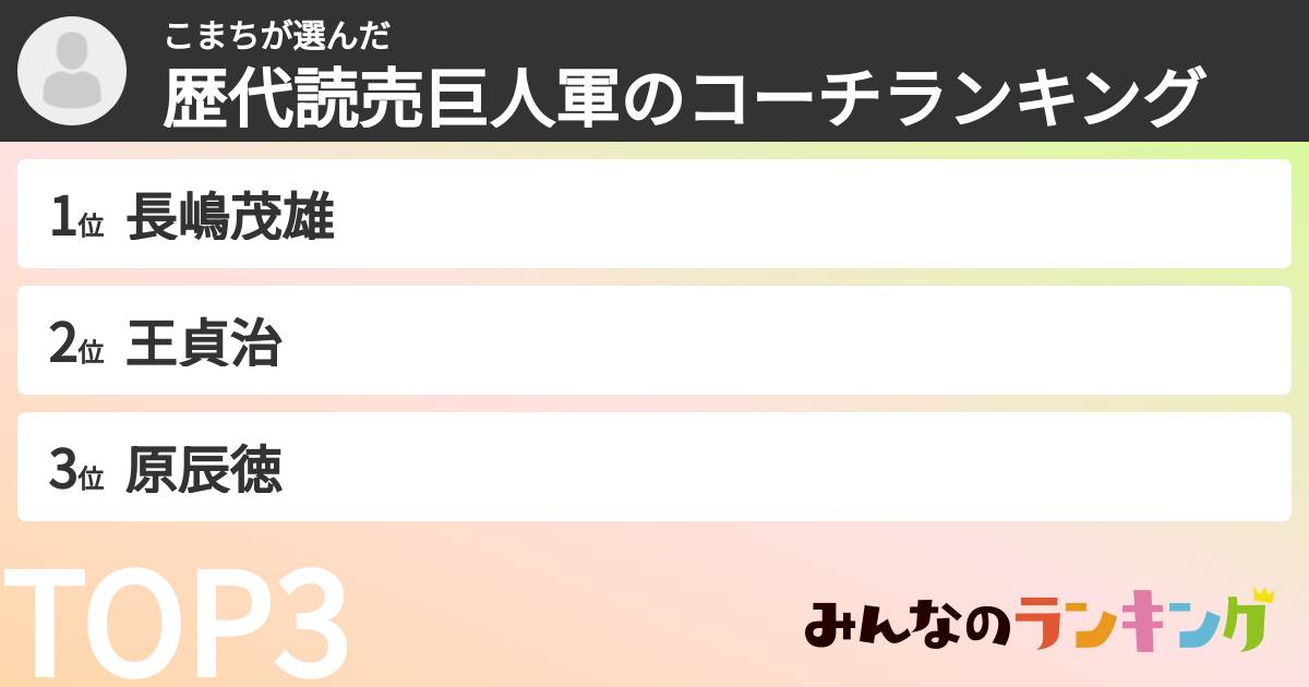 こまちさんの「歴代読売巨人軍のコーチランキング」