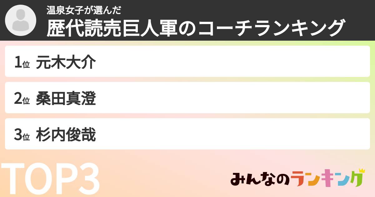 温泉女子さんの「歴代読売巨人軍のコーチランキング」